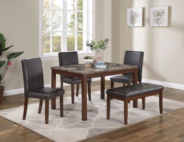 Classic Stylish Espresso Finish 5pc Dining Set Kitchen Dinette Faux Marble Top Table Bench and 3x Chairs Faux Leather Cushions Seats Dining Room