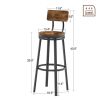 Swivel bar stool set of 2 with backrest, industrial style, metal frame, 29.5'' high for dining room. Rustic Brown, 13.4''w x 40.5''h.